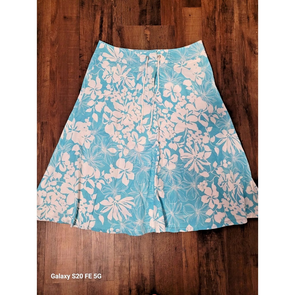 Liz Claiborne 100% Cotton Blue Hawaiian Floral Drawstring Midi Skirt SZ 10